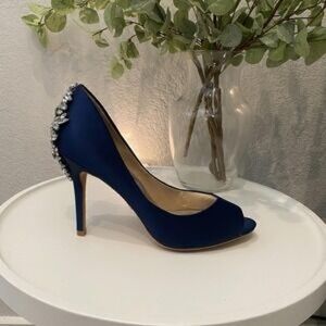 Navy Satin Peep-Toe High Heel Pump with Crystal Accent